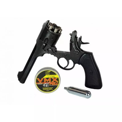 WEBLEY MKVI .455 policijos revolveriui, kal. 4,5 mm, Diabolo, 6 šūvių kapsulės, 4" vamzdis, CO2 juodas Ekp do17J