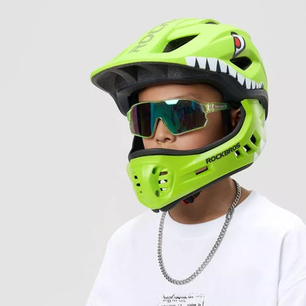 Vaikų dviračio šalmas Rockbros TT-32003 Shark su nuimamu smakru, dydis S (48-52) - žalias