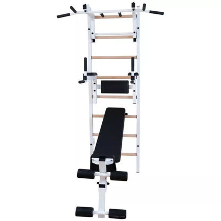 Medinė ir metalinė gimnastikos sienelė su skersiniu, suoliuku ir priedais BenchK 233W