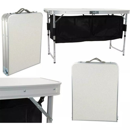 Sulankstomas kempingo stalas 120x47x70/62/54cm su spintele 33x30x36cm