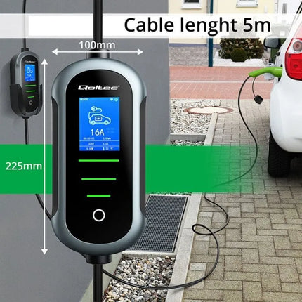 Qoltec mobilus elektromobilių įkroviklis su 2in1 reguliavimu Type2 | 11kW | 400V | Wi-fi | TUYA | SMART LIFE | LCD | Nešiojamas | Wallbox | 5m