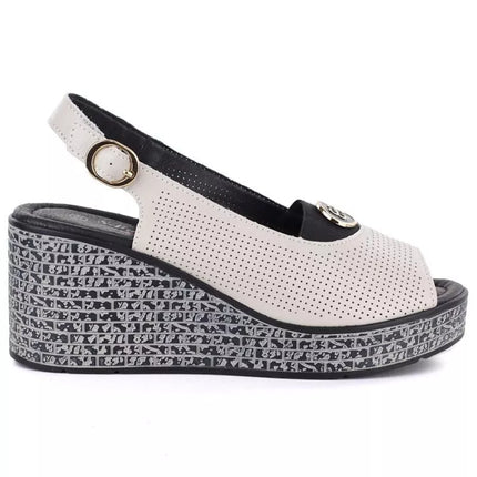 Women's leather wedge sandals with openwork beige S.Barski 7010