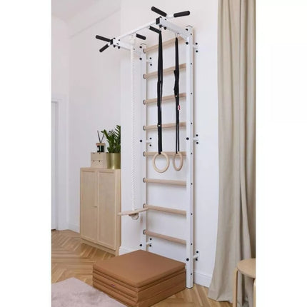 GYMNASTIC WOODEN AND METAL WALL BAR WITH METAL BAR AND ACCESSORIES FOR CHILDREN BENCHK 721W A076