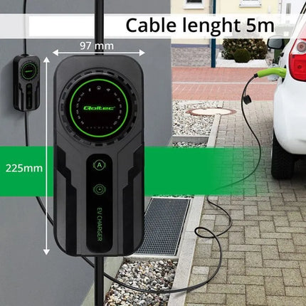 Qoltec nešiojamas elektromobilių įkroviklis su reguliavimo funkcija 2 viename, Type2 SCHUKO 3,5 kW 230 V, LCD ekranas, Wallbox, 5 m