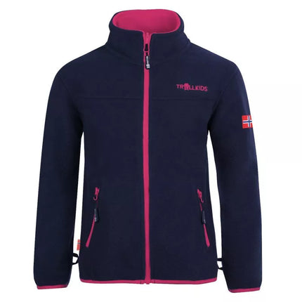Trollkids mergaitiška striukė „Oppdal Jacket XT“, užtraukiamas flisinis džemperis mergaitėms, tamsiai mėlyna / rožinė (415-114)