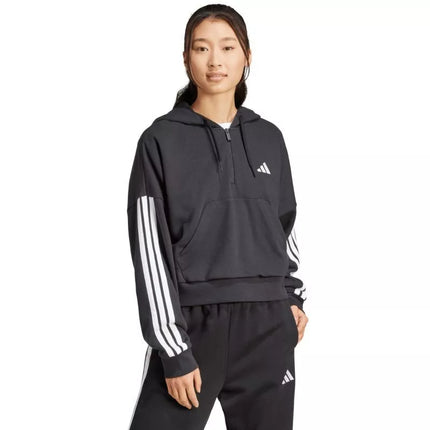 Moterims skirtas adidas Essentials 3 juostelių French Terry džemperis su puseniu užtrauktuku, juodas JN1956