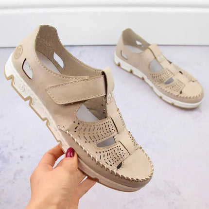 Rieker W RKR651 smėlio spalvos odiniai atviru raižiniu, su lipduku užsegami bateliai