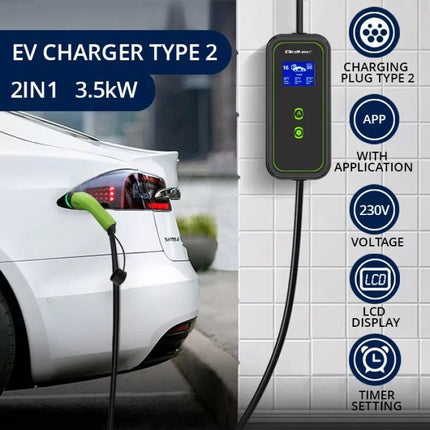 Qoltec 52476 Mobile charger for electric car EV with regulation 2 in 1 Type 2 | 3.5kW | 230V | Wi-fi | LCD | Portable | Wallbox | 5m
