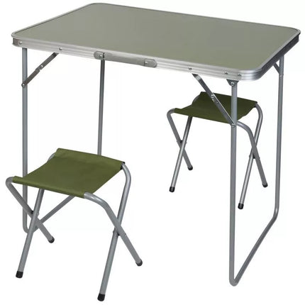 Sulankstomas kempingo stalas 80x60x70cm ir 2 kėdės, žalias