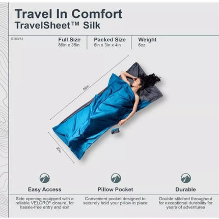 Cocoon TravelSheet Silk Sleeping Bag Liner, Rhino/Cornflower