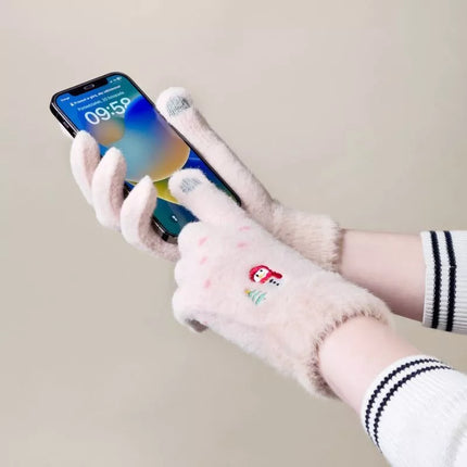 Moteriškos žiemos pirštinės telefonui su sniego seniu ir Kalėdų eglute - smėlio