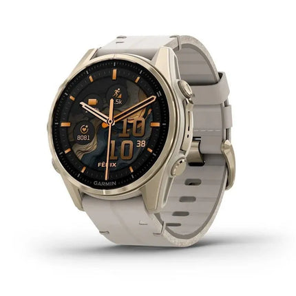 Garmin Fenix 8 43 mm AMOLED safyro ir titano „Soft Gold“ laikrodis su „Limestone“ odiniu dirželiu