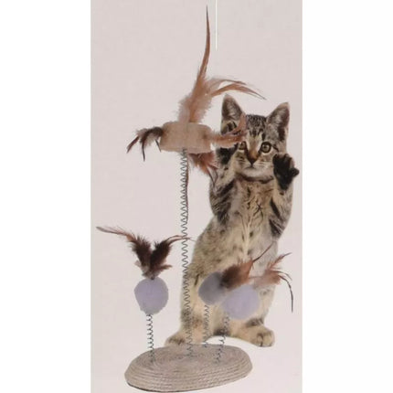CAT TOY, FEATHERS ON SPRINGS ON A SCRATCHING POST BASE 14X33CM