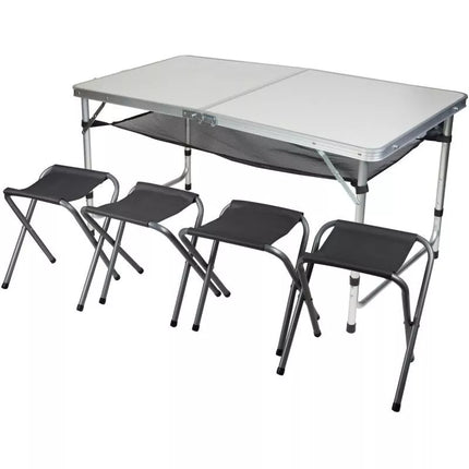 SULANKSTOMAS KEMPINGO STALAS 120x60x70/62/55CM SU 4 KĖDĖMIS IR LENTYNA