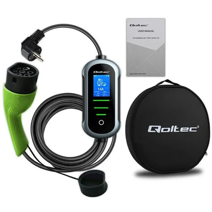 Qoltec Mobilus elektromobilio EV įkroviklis su reguliavimu 2in1 Tipo 2 | 3.5kW | 230V | SCHUKO 16A | Wi-fi | TUYA | SMART LIFE | LCD | Nešiojamas | 5m (52435)