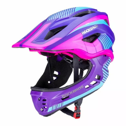 Rockbros TT-32SBPP-S vaikiškas dviračio šalmas su nuimama smakro apsauga, dydis S - violetinė-rožinė