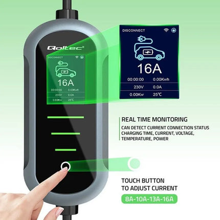 Qoltec mobilus elektromobilių įkroviklis su 2in1 reguliavimu Type2 | 11kW | 400V | Wi-fi | TUYA | SMART LIFE | LCD | Nešiojamas | Wallbox | 5m