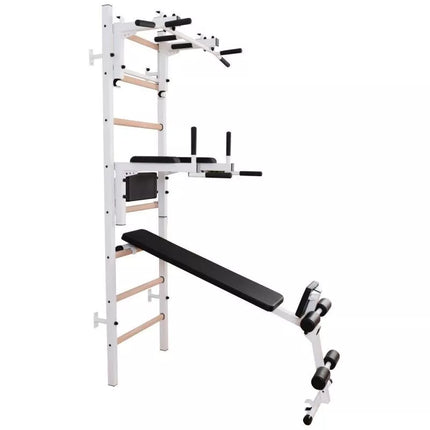 Medinė ir metalinė gimnastikos sienelė su skersiniu, suoliuku ir priedais BenchK 233W