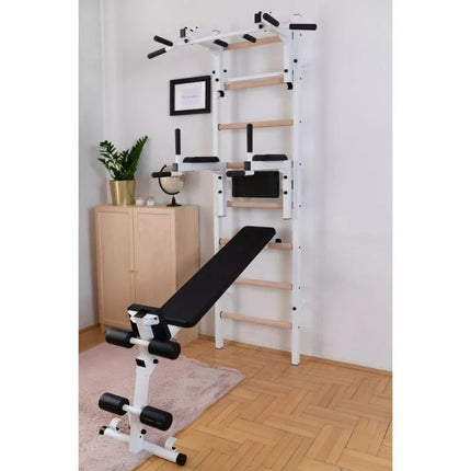 Medinė ir metalinė gimnastikos sienelė su skersiniu, suoliuku ir priedais BenchK 233W