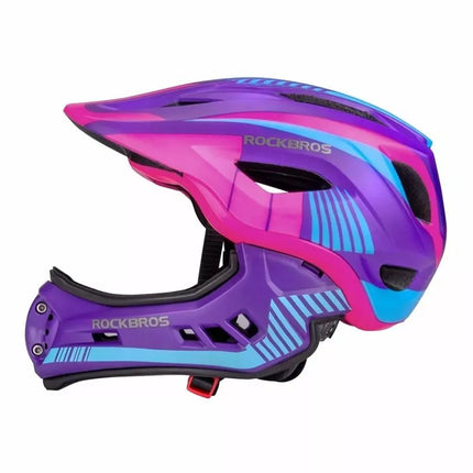Rockbros TT-32SBPP-S vaikiškas dviračio šalmas su nuimama smakro apsauga, dydis S - violetinė-rožinė