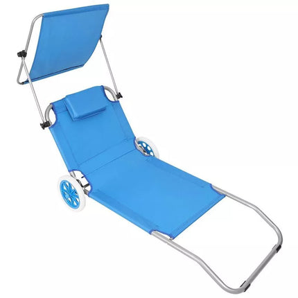 FOLDABLE BEACH CHAIR WITH CANOPY ON WHEELS 116x62x60-90CM BLUE