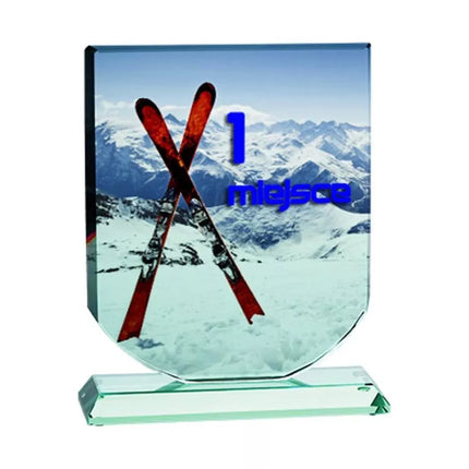 Glass trophy with LuxorJet color print, engraving, paint filling and case