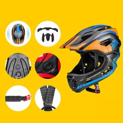 Rockbros TT-32SOBL-S children's bicycle helmet with removable chinbar, size S - black and orange