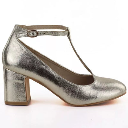 Shiny gold pumps with a strap on the block heel Mascara 834283