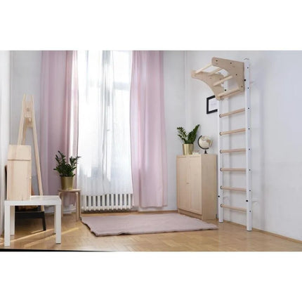 GYMNASTIC WOODEN AND METAL WALL BAR WITH 4 HANDLES WITH A WOODEN BAR BENCHK 211W