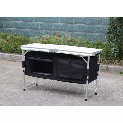 Sulankstomas kempingo stalas 120x47x70/62/54cm su spintele 33x30x36cm