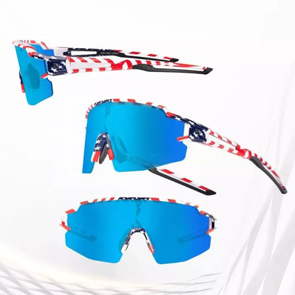 Rockbros Polarized Cycling Glasses with UV Protection and Corrective Insert Blue Lenses - USA Pattern - White