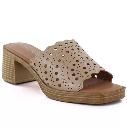 Women's openwork beige mules with a heel M.Daszyński MR2598-7