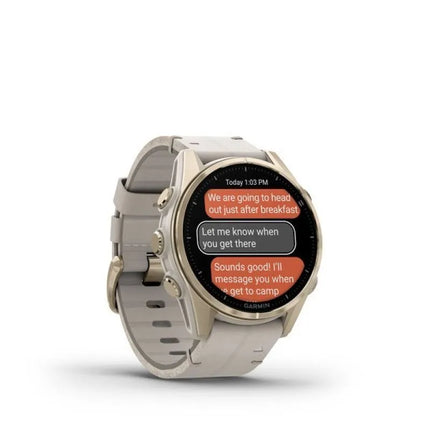 Garmin Fenix 8 43 mm AMOLED safyro ir titano „Soft Gold“ laikrodis su „Limestone“ odiniu dirželiu