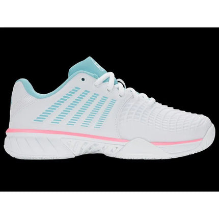 K-swiss EXPRSLIGHT3 HB PADEL balti/švelniai neoniniai mėlyni/neoniniai kramtomosios gumos spalvos sportiniai bateliai (98900-146-M)