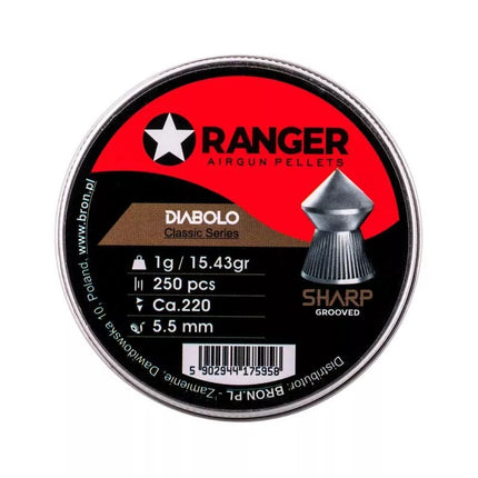 5.5 mm RANGER Diabolo Klasikinės su grioveliais, smailus galiukas, 250 vnt., 1.00 g