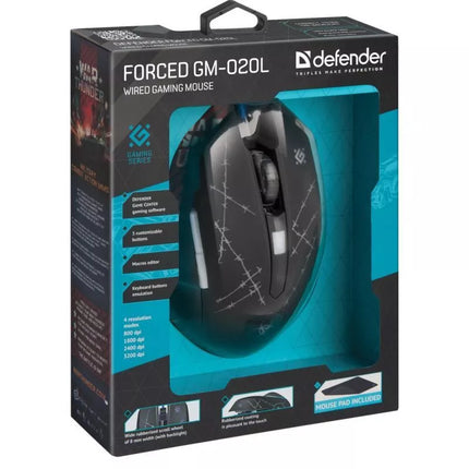LAIDINĖ PELĖ DEFENDER FORCED GM-020L 800/1800/2400/3200 DPI 6 MYGTUKAI + PELĖS PAD + ŽAIDIMŲ KOMPLEKTAS 52020