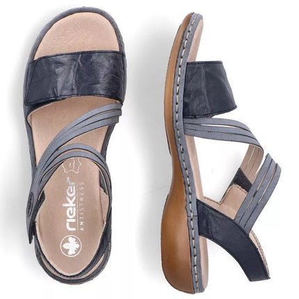 Women's leather sandals with velcro, navy blue, Rieker 65964-12