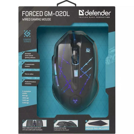 LAIDINĖ PELĖ DEFENDER FORCED GM-020L 800/1800/2400/3200 DPI 6 MYGTUKAI + PELĖS PAD + ŽAIDIMŲ KOMPLEKTAS 52020