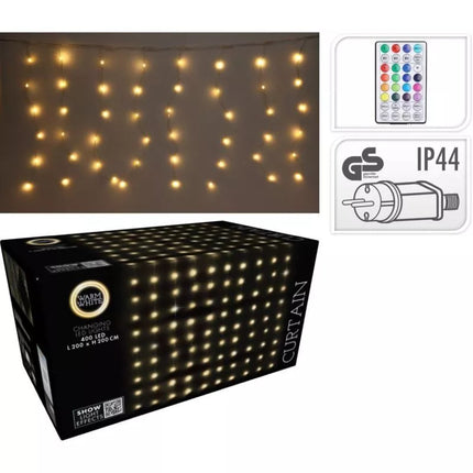 KALĖDINĖS EGLUTĖS GIRLIANDA ŠVIESTUVAS-UŽDENGA LAUKUI/VIDUI 400 LED WW 200X200CM SU NUOTOLINIO VALDYMO PILTELIU ŠILTAI BALTA