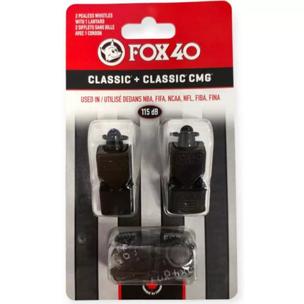 FOX 40 CLASSIC AND CLASSIC CMG WHISTLE BLACK WITH STRING 2 PACK