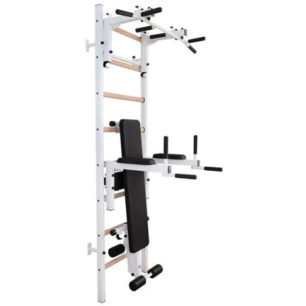Medinė ir metalinė gimnastikos sienelė su skersiniu, suoliuku ir priedais BenchK 233W