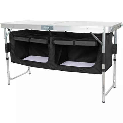 Sulankstomas kempingo stalas 120x47x70/62/54cm su spintele 33x30x36cm