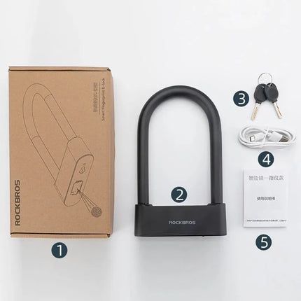 Rockbros 32210818001 SMART Bicycle Lock with Fingerprint Reader and Bluetooth Connectivity - Black