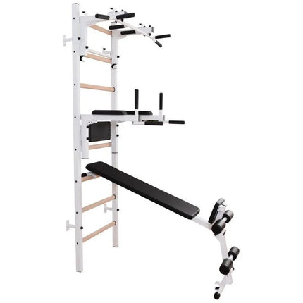 Medinė ir metalinė gimnastikos sienelė su skersiniu, suoliuku ir priedais BenchK 233W