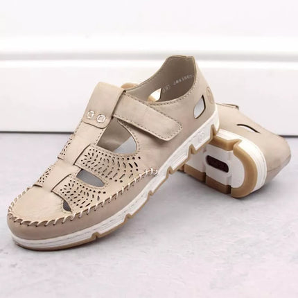 Rieker W RKR651 smėlio spalvos odiniai atviru raižiniu, su lipduku užsegami bateliai