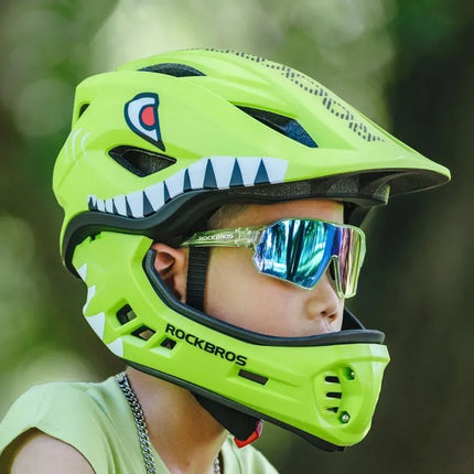 Vaikų dviračio šalmas Rockbros TT-32003 Shark su nuimamu smakru, dydis S (48-52) - žalias