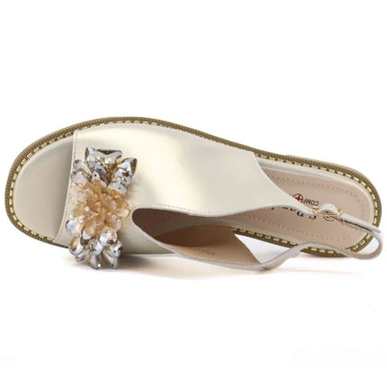 Women's flat leather sandals with crystals, gold, S.Barski 61-6004