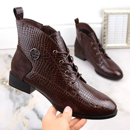 Filippo W PAW478B brown patent leather ankle boots with insulated crocodile skin