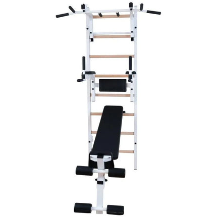 Medinė ir metalinė gimnastikos sienelė su skersiniu, suoliuku ir priedais BenchK 233W