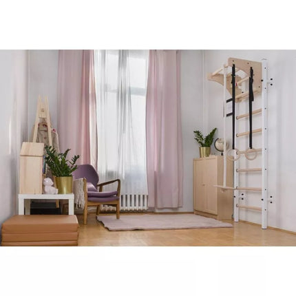WOODEN AND METAL GYMNASTIC WALL BAR WITH WOODEN BAR AND ACCESSORIES BENCHK 211W A204